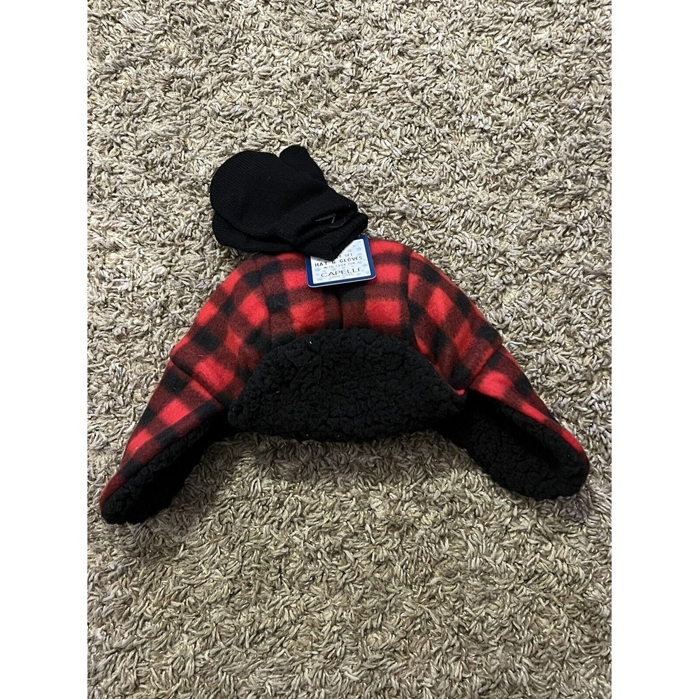 Capelli 2 pc Hat and‎ Gloves Mittens Set Baby Boy Buffalo Plaid Red Black NWT